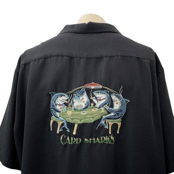 Vintage Sharks Playing Cards‎ Embroidered Button-Up Shirt Black Weekender Men XL - Picture 1 of 10